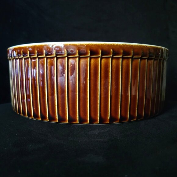 Vintage Brown Glazed 8" Ribbed Stoneware Casserole Soufflé Dish - Picture 2 of 5